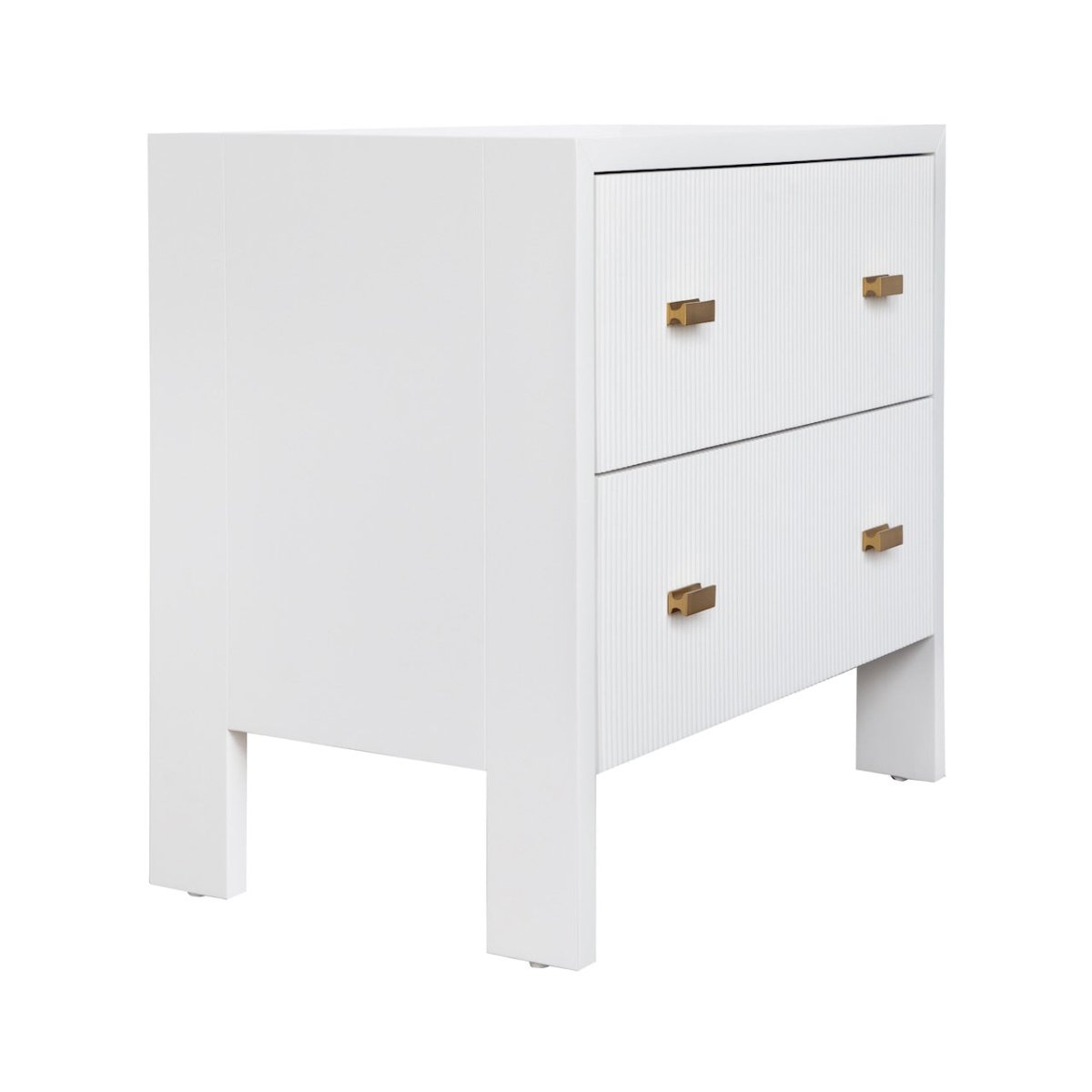 Worlds Away Andre Two Drawer Side Table in Matte White Lacquer - Angle View at Fig Linens and Home
