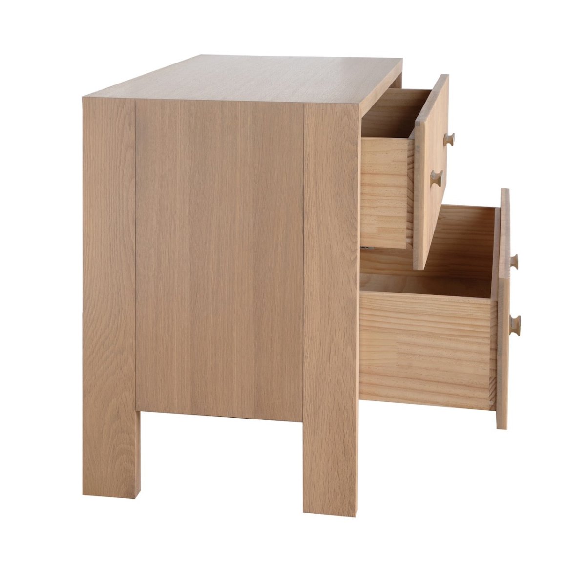 Worlds Away Andre Two Drawer Side Table in Natural Oak - Drawers Open View of Modern Classic