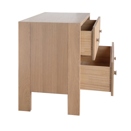 Worlds Away Andre Two Drawer Side Table in Natural Oak - Drawers Open View of Modern Classic