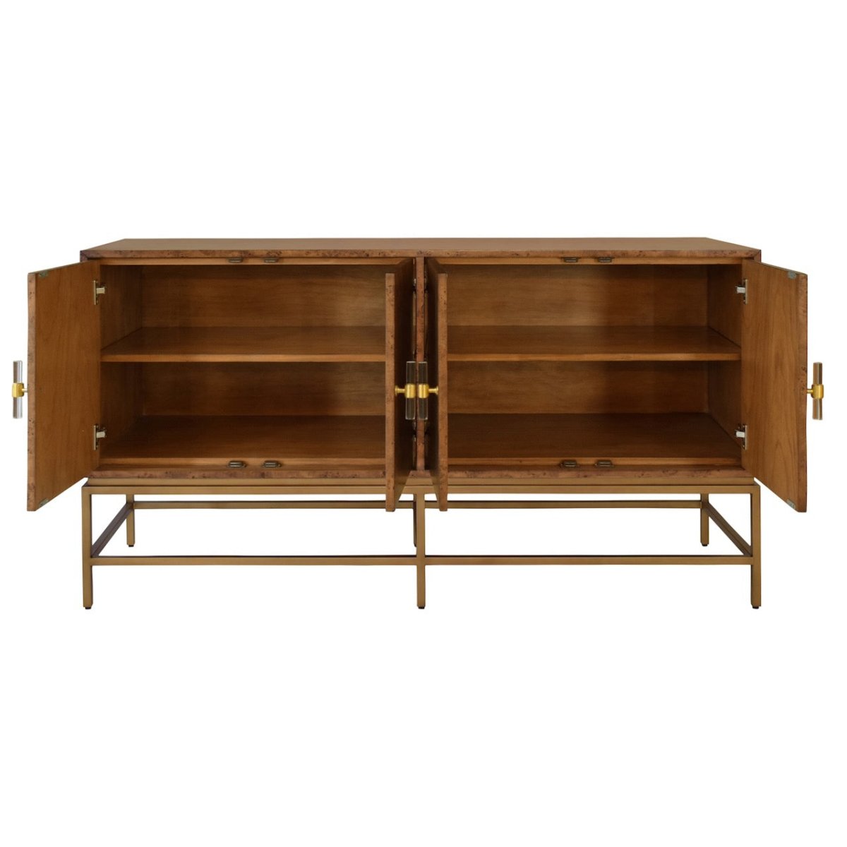 Ariel Dark Burlwood Buffet Cabinet with 4 Doors by Worlds Away - Open Doors of Cabinet View
