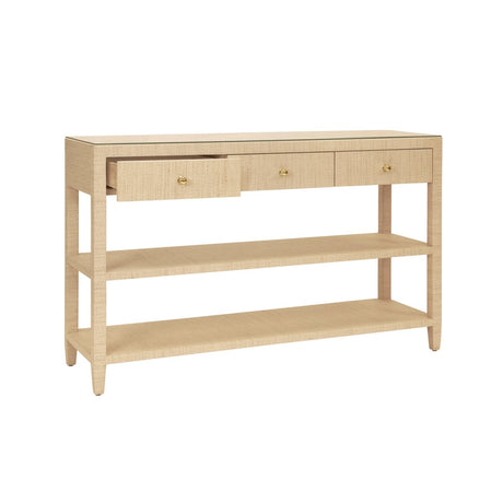 Worlds Away Briar Natural Console Table at Fig Linens and Home - Angle View with Open Drawer