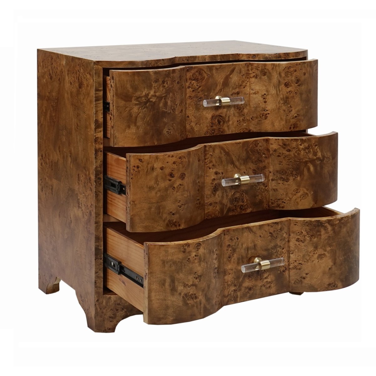 Calvin Dark Burlwood Side Table | Worlds Away at Fig Linens and Home - Drawers Open View