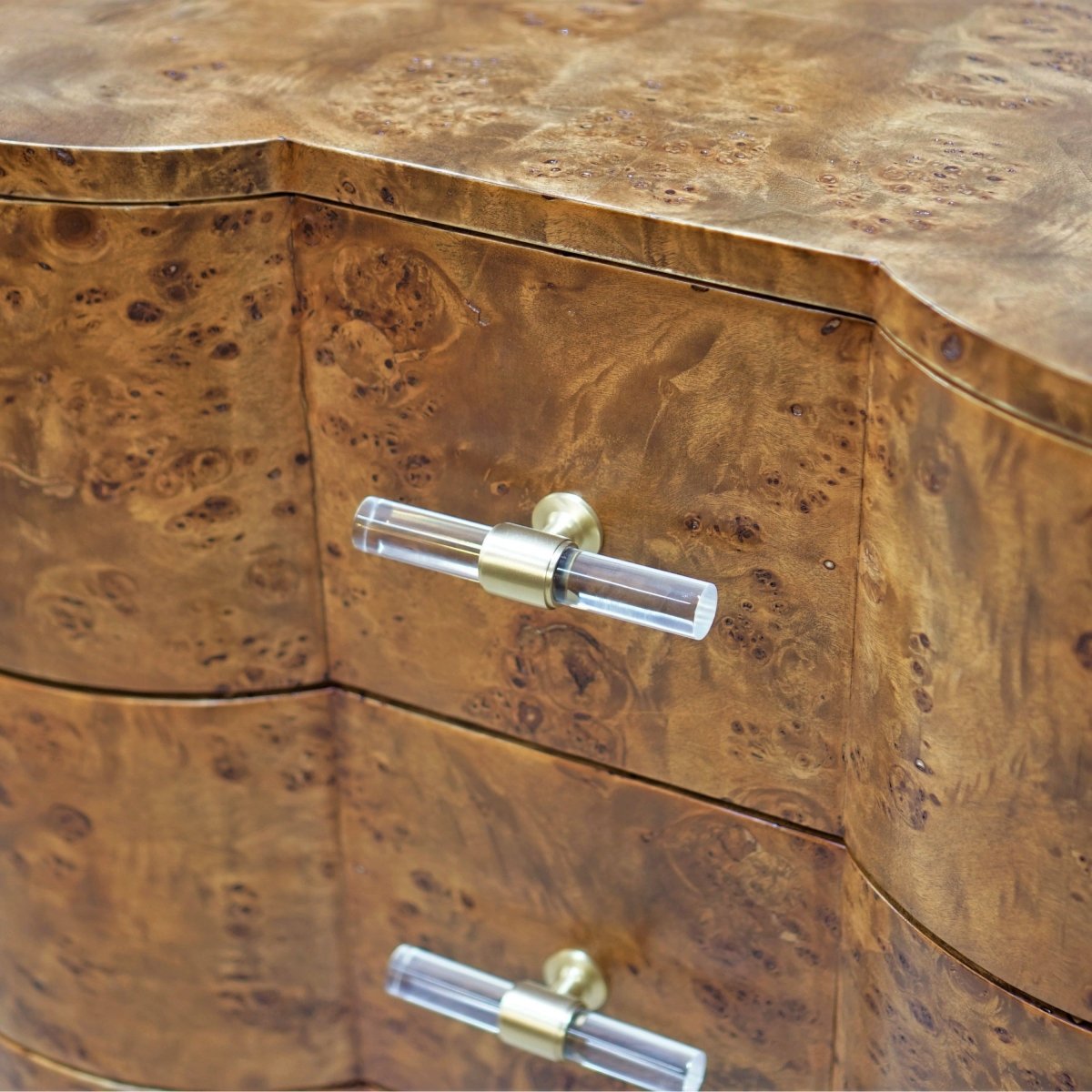 Calvin Dark Burlwood Side Table by Worlds Away - Brass and Acrylic Hardware Detail