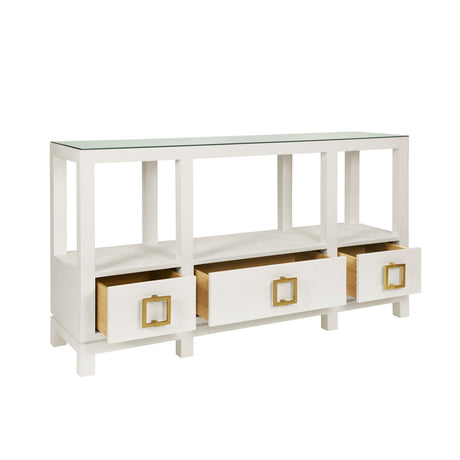 Campbell White Console Table by Worlds Away - Drawers Open View at Fig Linens and Home