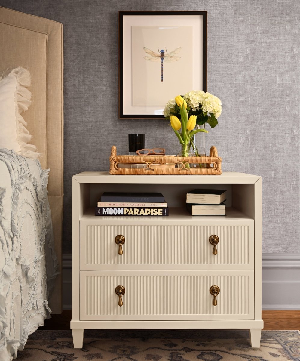 Corine Antique White Side Table by Worlds Away at Fig Linens and Home - Lifestyle View in Bedroom