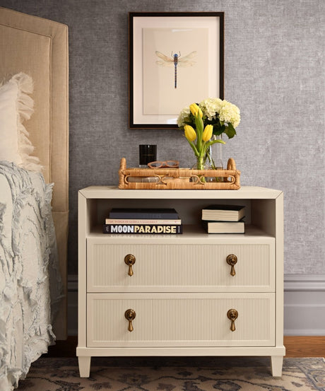 Corine Antique White Side Table by Worlds Away at Fig Linens and Home - Lifestyle View in Bedroom