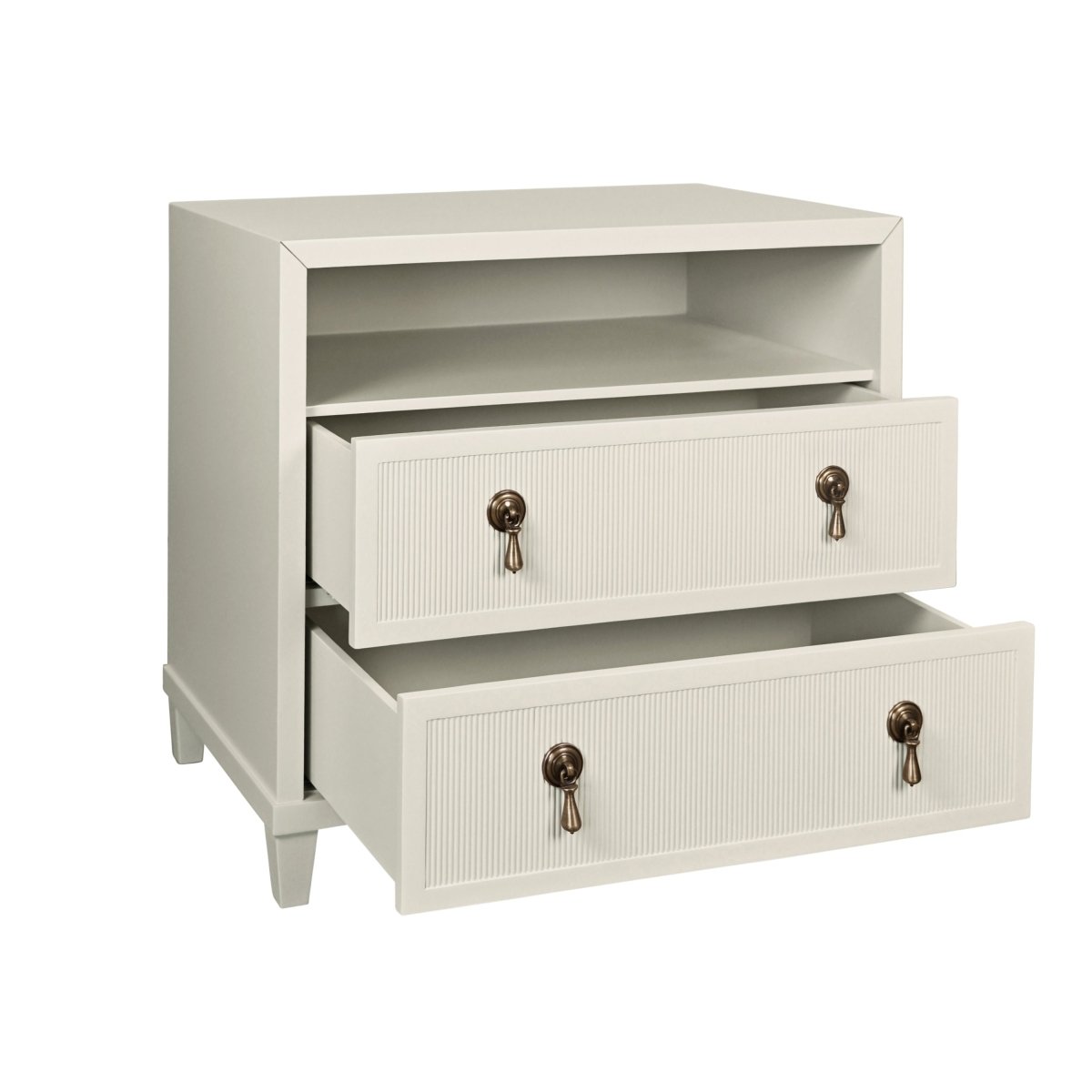 Corine Antique White Side Table by Worlds Away | Drawers Open View at Fig Linens and Home