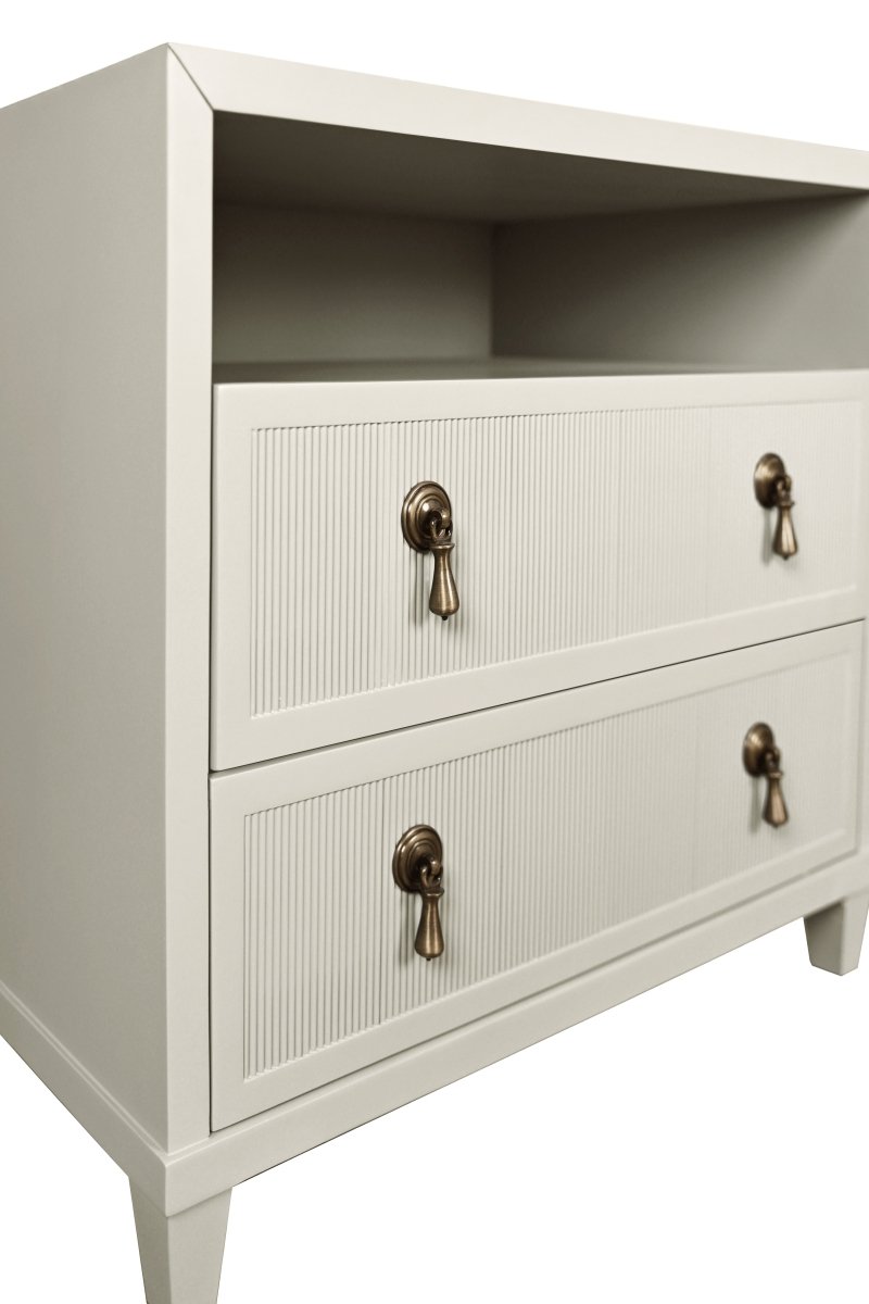 Corine Antique White Side Table by Worlds Away | Detailed Angle View at Fig Linens and Home