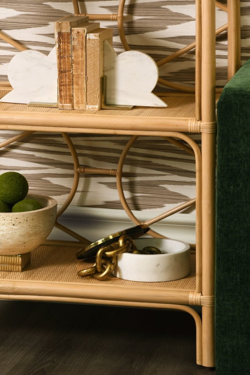 Danielle Rattan Etagere | Worlds Away Luxury Bookcase at Fig Linens and Home - Detail of Base