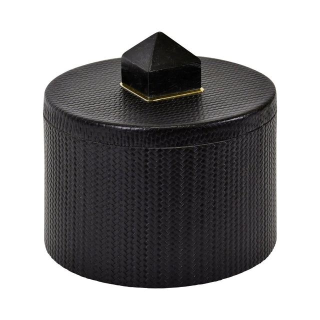 Denver Round Black Faux Leather Box With Stone Handle | Worlds Away at Fig Linens and Home 1