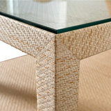 Douglas Natural Side Table by Worlds Away - Corner  of table with grasscloth texture
