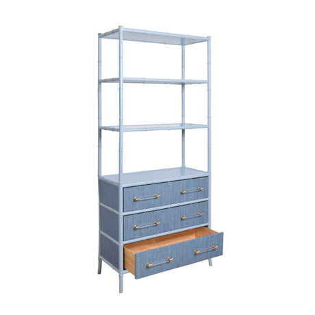 Flynn Blue Grasscloth Etagere by Worlds Away at Fig Linens and Home - Drawers Open View