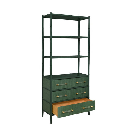 Flynn Green Grasscloth Etagere by Worlds Away at Fig Linens and Home - Open Drawer View
