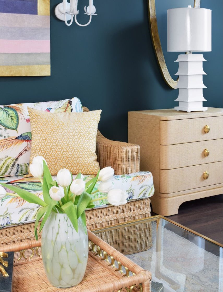Fortune Natural Grasscloth Side Table by Worlds Away - 3-Drawer Dresser Lifestyle View
