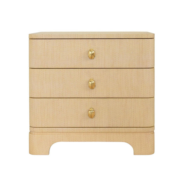 Fortune Natural Grasscloth Side Table by Worlds Away - 3-Drawer Dresser Front View
