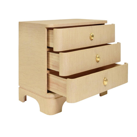 Fortune Natural Grasscloth Side Table by Worlds Away - 3-Drawer Dresser Open Drawers
