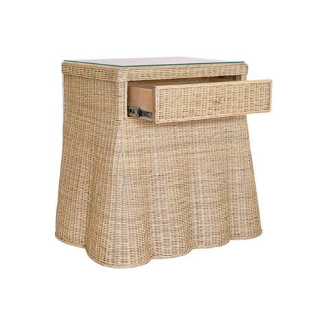 Giselle Scalloped Rattan Side Table | Worlds Away Furniture at Fig Linens and Home - Open Drawer
