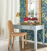 Worlds Away Gladys Curved Front Desk in Light Blue Textured Linen - Lifestyle at Fig Linens and Home