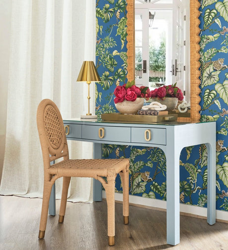 Worlds Away Gladys Curved Front Desk in Light Blue Textured Linen - Lifestyle at Fig Linens and Home