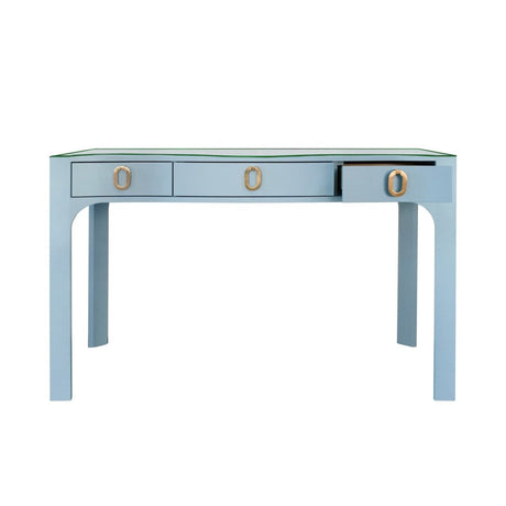 Worlds Away Gladys Curved Front Desk in Light Blue Textured Linen - Drawers at Fig Linens and Home