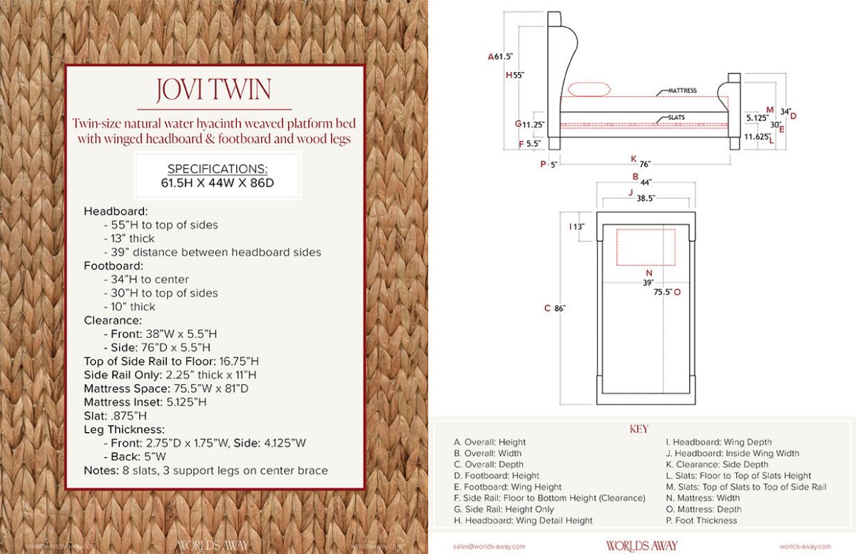 Jovi Twin Bed by Worlds Away | Winged Headboard Woven Coastal Bed at Fig Linens and Home - Specs