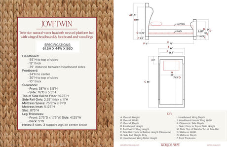Jovi Twin Bed by Worlds Away | Winged Headboard Woven Coastal Bed at Fig Linens and Home - Specs
