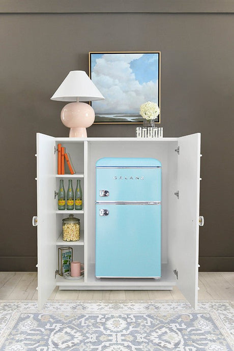 Judd White 2-Door Cabinet by Worlds Away shown with Small Fridge at Fig Linens and Home
