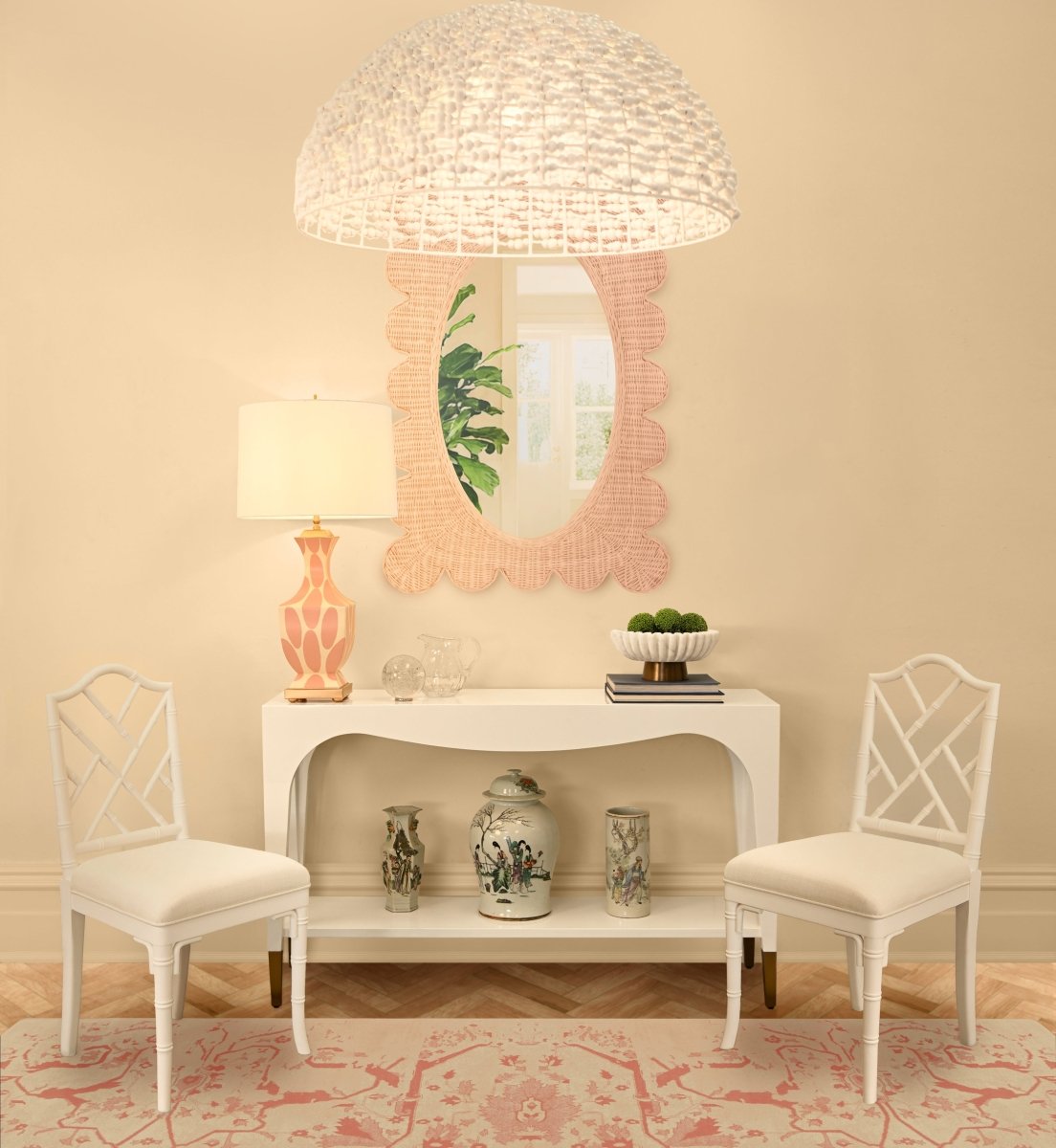 Lillian Pink Rattan Scallop Wall Mirror by Worlds Away at Fig Linens and Home - Lifestyle 1