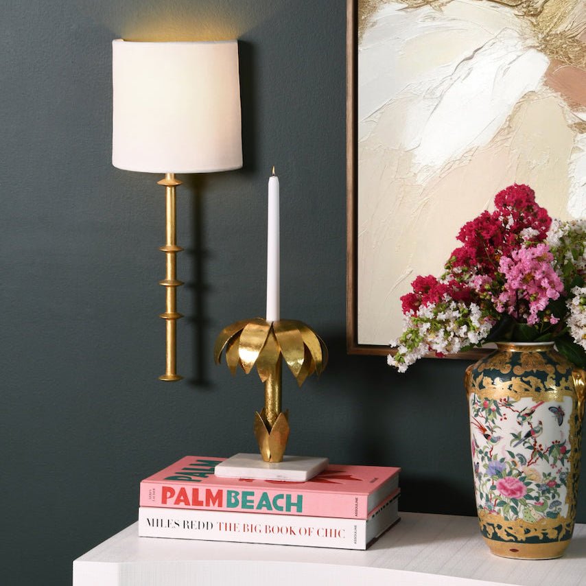 Palmy Candle Holder | Worlds Away Gold Leaf Taper Candle Holder at Fig Linens and Home - Lifestyle 2