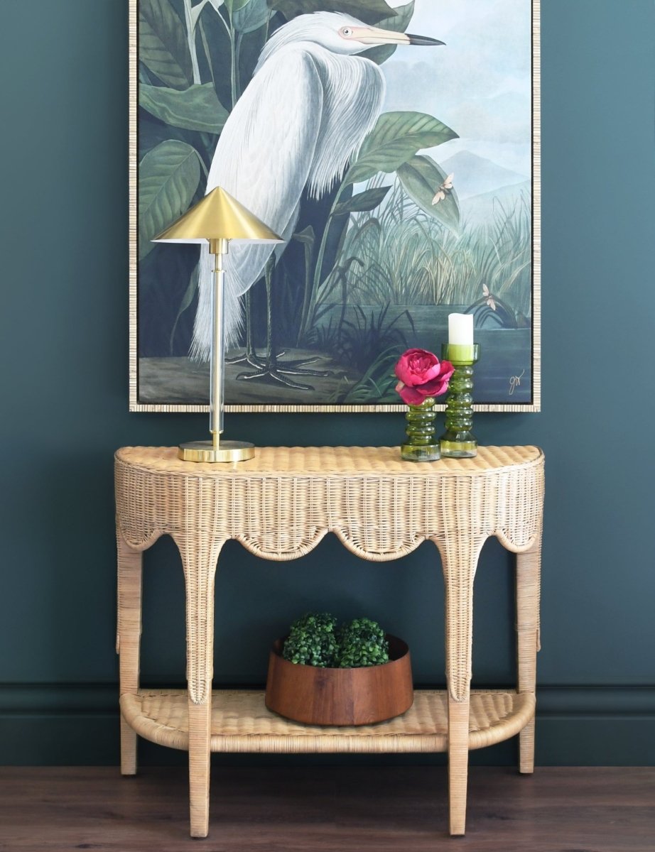 Paloma Scalloped Demi-Lune Rattan Console by Worlds Away - Lifestyle View at Fig Linens and Home