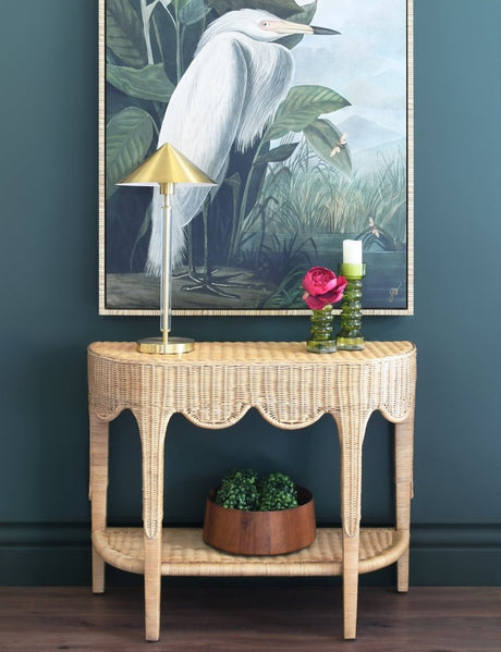 Paloma Scalloped Demi-Lune Rattan Console by Worlds Away - Lifestyle View at Fig Linens and Home