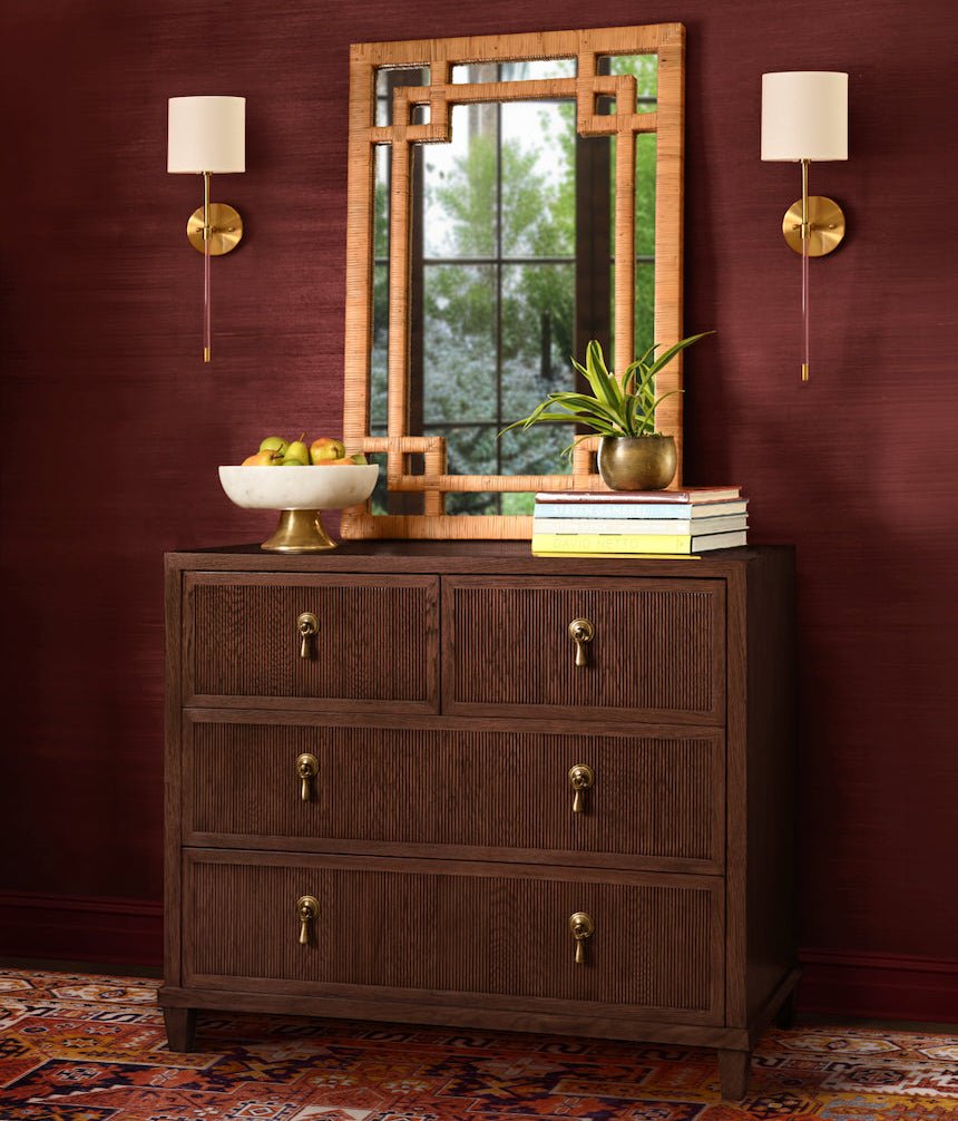 Worlds Away Provincial Brown Oak Dresser | Lifestyle of 4-Drawer Dresser at Fig Linens and Home