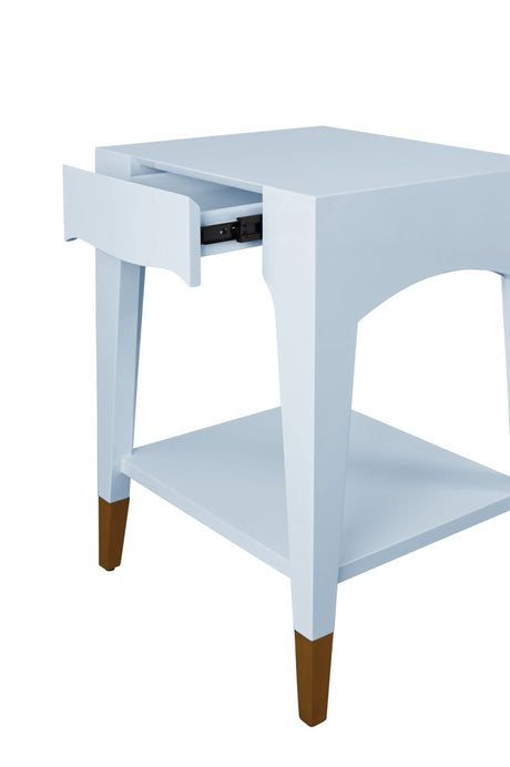 Patti Light Blue Side Table by Worlds Away at Fig Linens and Home - Angle View 3 with Drawer Open