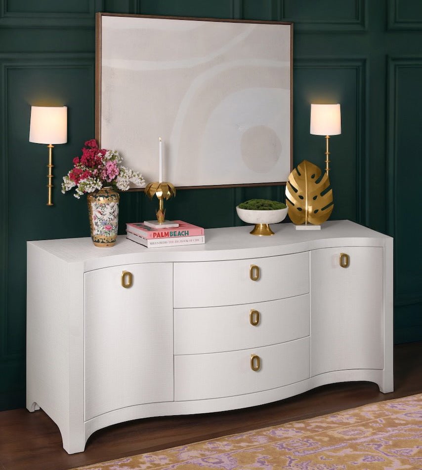 Worlds Away Paulina Modern Classic White Textured Linen Buffet Cabinet at Fig Linens and Home 2