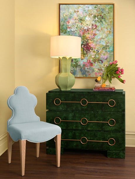 Adelaide Light Blue Chair and Roderick Emerald Burlwood Dresser by Worlds Away - Lifestyle View