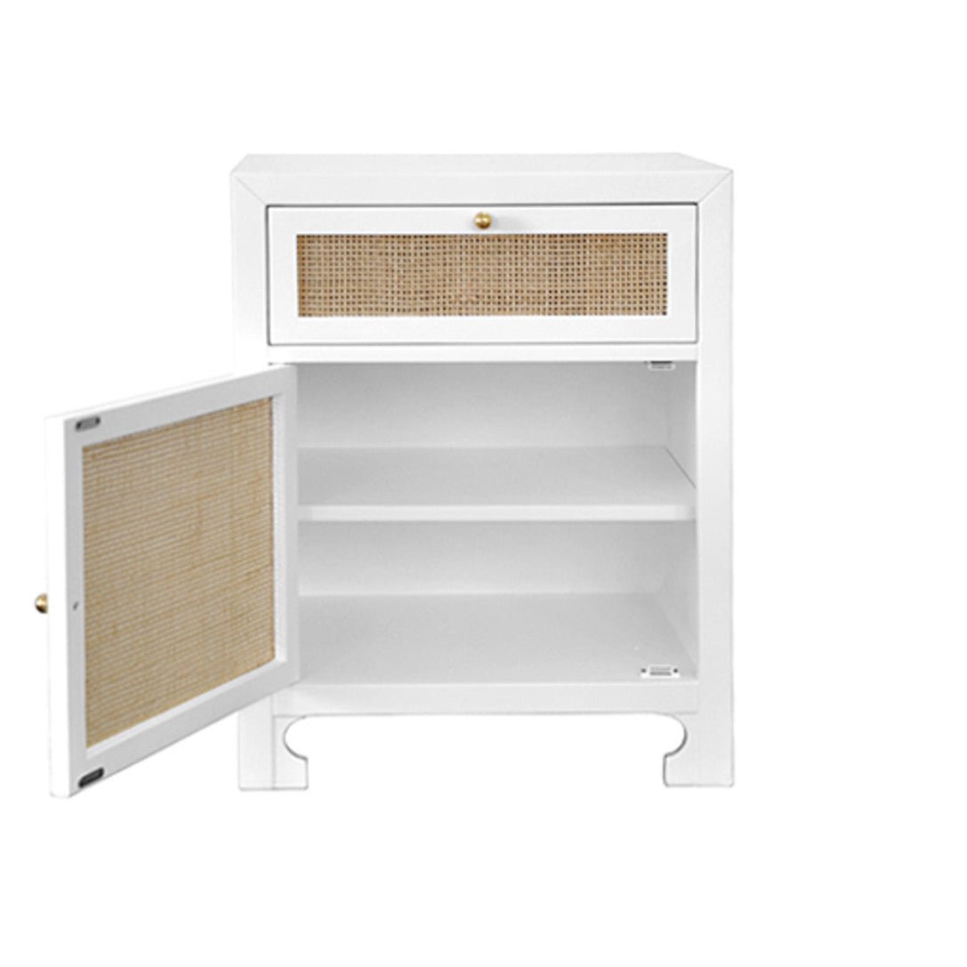 Ruth White Cabinet by Worlds Away at Fig Linens and Home - Front of Side Table with Door Open
