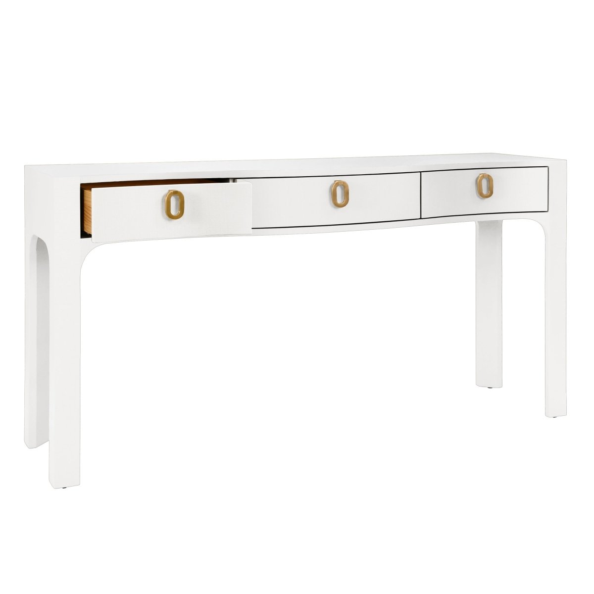 Sabrina White Console Table by Worlds Away at Fig Linens and Home - Drawers Open Angle View 1