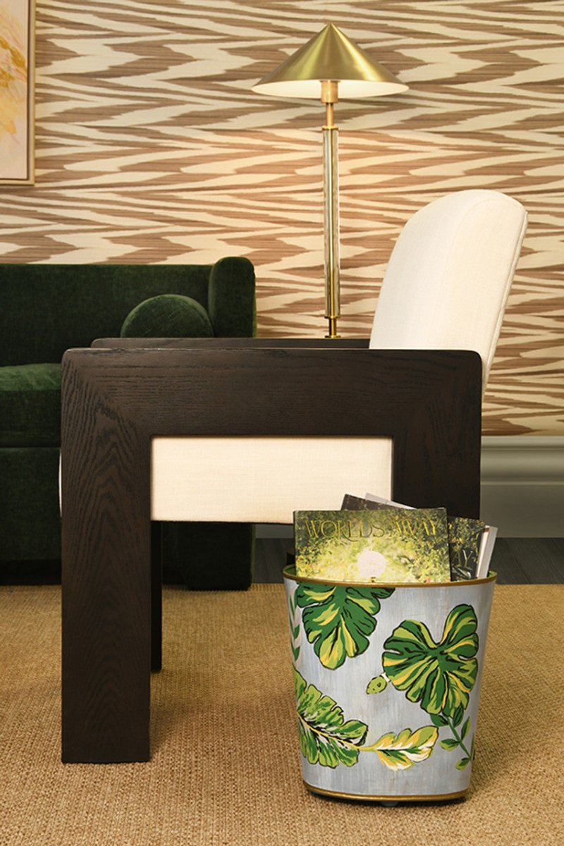 Tropics Wastebasket by Worlds Away - Lifestyle photo holding magazines