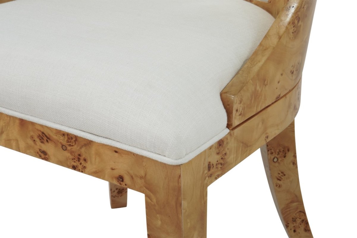 Worlds Away Rafferty Burlwood Dining Chair - Detail of Burl and Cushion