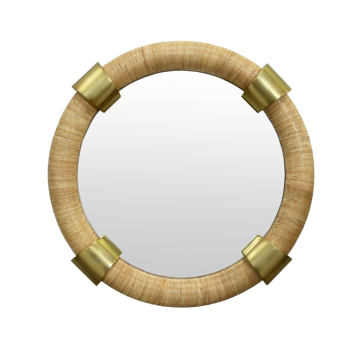 Worlds Away Saylor Round Rattan Mirror With Brass Detail - Wall Mirror Front View
