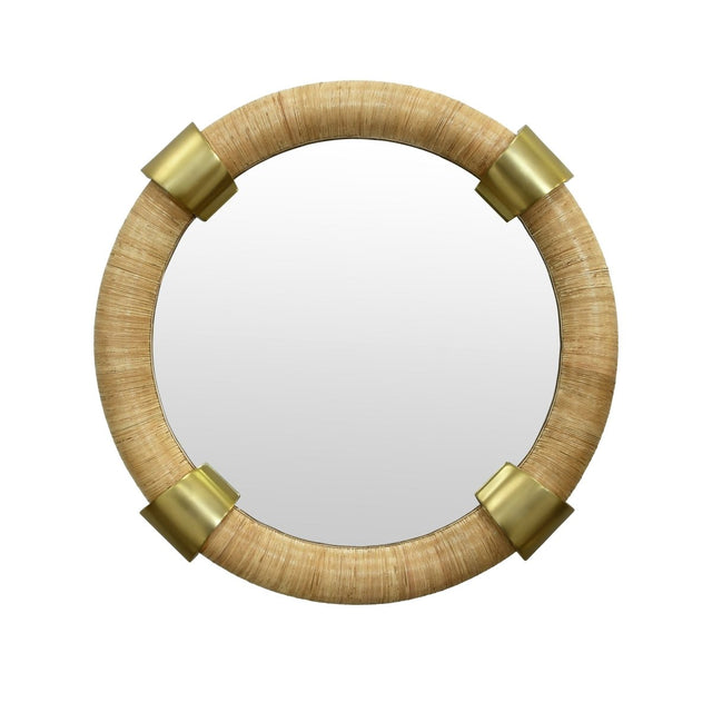 Worlds Away Saylor Round Rattan Mirror With Brass Detail - Wall Mirror Front View