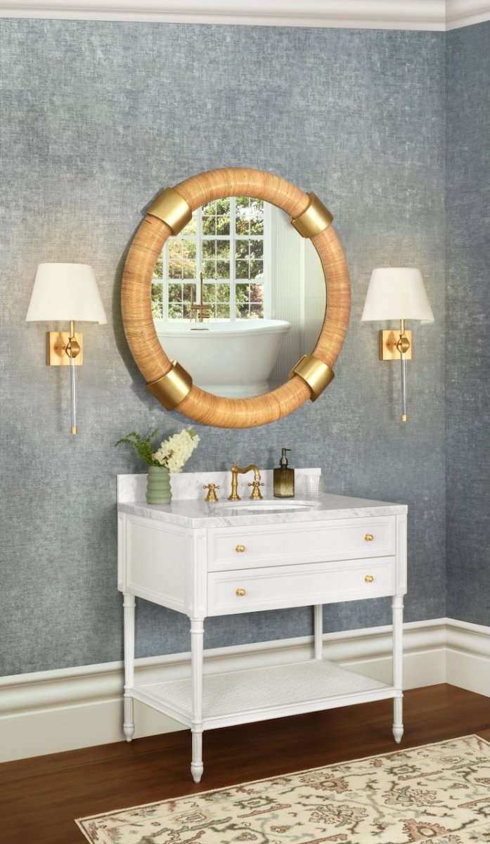 Worlds Away Saylor Round Rattan Wall Mirror With Brass Detail 36.2"W  x 36.2"D x 2.80"H Rattan and Brass at FIG LINENS AND HOME 4