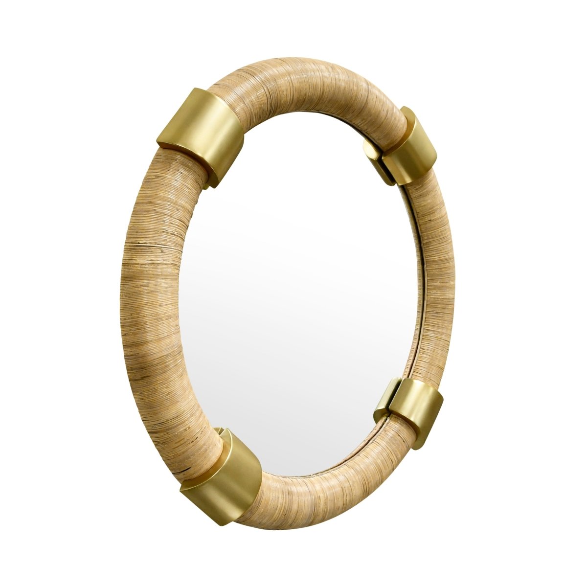 Worlds Away Saylor Round Rattan Mirror With Brass Detail - Wall Mirror Angle View