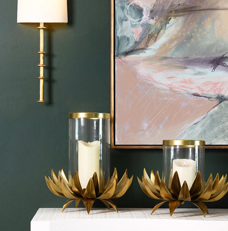 Worlds Away Sirius Large Hurricane Vase shown with small vase and lifestyle furniture