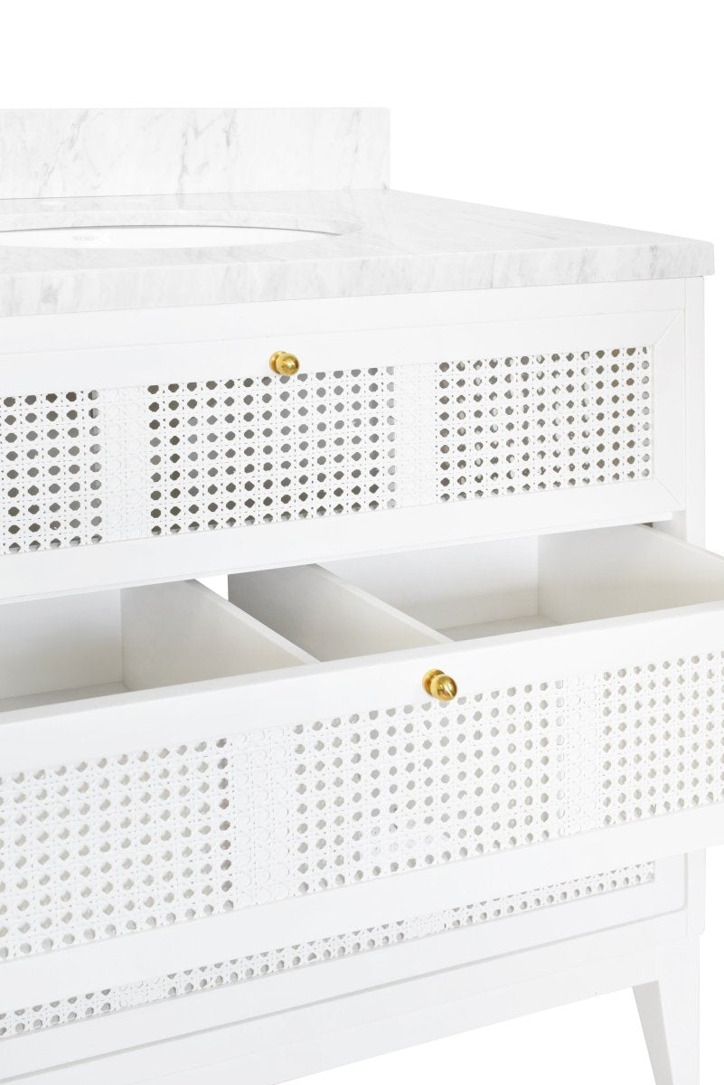 Wynn White Bathroom Vanity by Worlds Away at Fig Linens and Home - Drawers Open 2