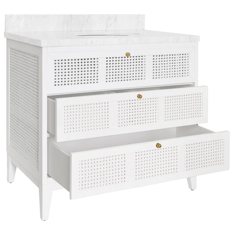 Wynn White Bathroom Vanity by Worlds Away at Fig Linens and Home - Drawers Open 1