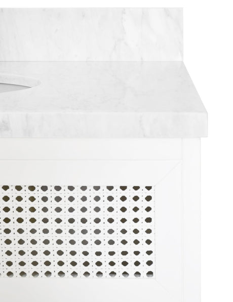 Wynn White Bathroom Vanity by Worlds Away - Cane and Marble Top Detail