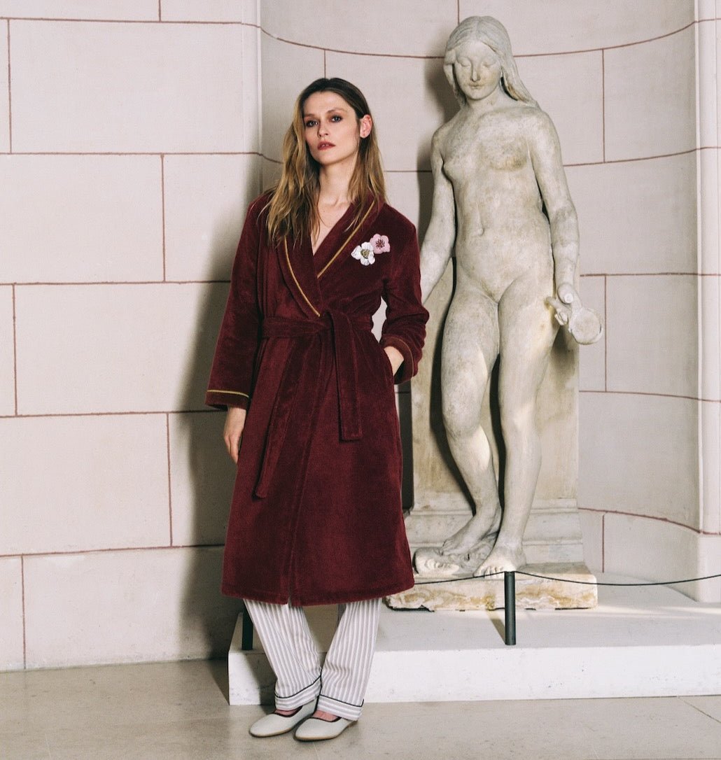 Corolles Shawl Collar Bathrobe by Yves Delorme - Lifestyle at Fig Linens and Home