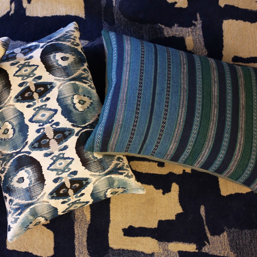Cuzco Indigo Decorative Pillow Shown with Stripe Pillow