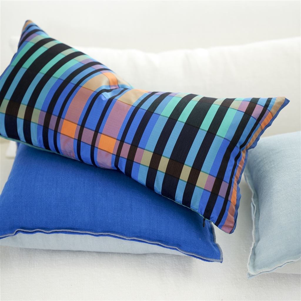 Throw Pillow - Brera Lino Lagoon and Porcelain Cushion with Checked Lumbar Pillow Combination